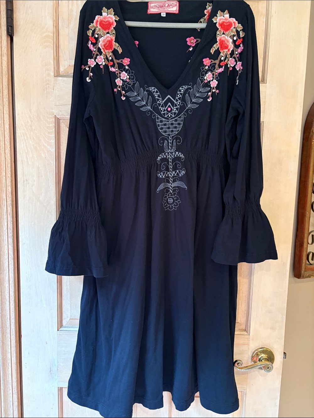 Johnny Was Black V-Neck Dress with Pink Cherry Blossom Floral Embroidery 1X